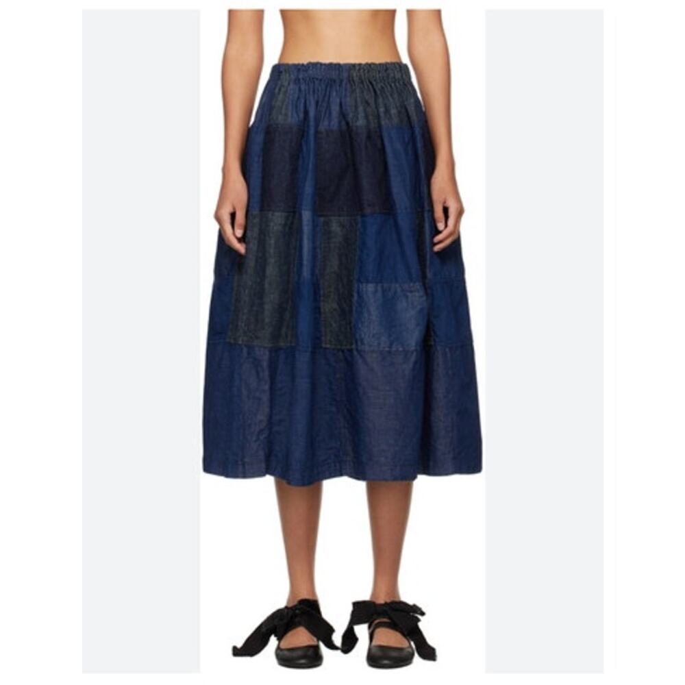 TAO Comme des Garcons OS S M L Blue Indigo Denim Plaid Patchwork Midi Skirt